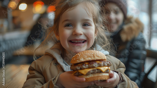 Cheerful girl with a big burger.