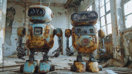 Rusty robot assistants. The concept of a futuristic world where robots are no longer needed. The concept of the victory of ecology and humanity over technology photo