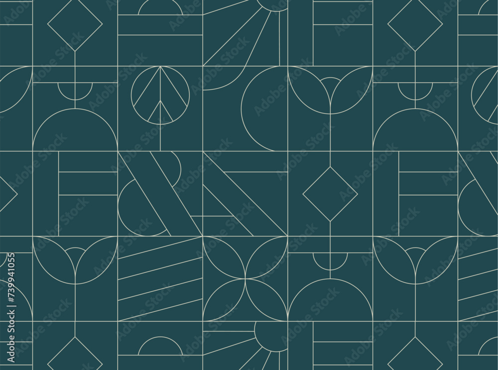 Art deco geometrical seamless vintage pattern drawing on turquoise background.