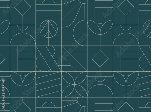 Art deco geometrical seamless vintage pattern drawing on turquoise background.