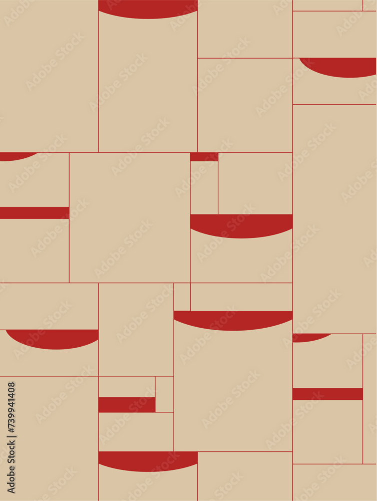 Art deco quadristic seamless vintage pattern drawing with beige and red