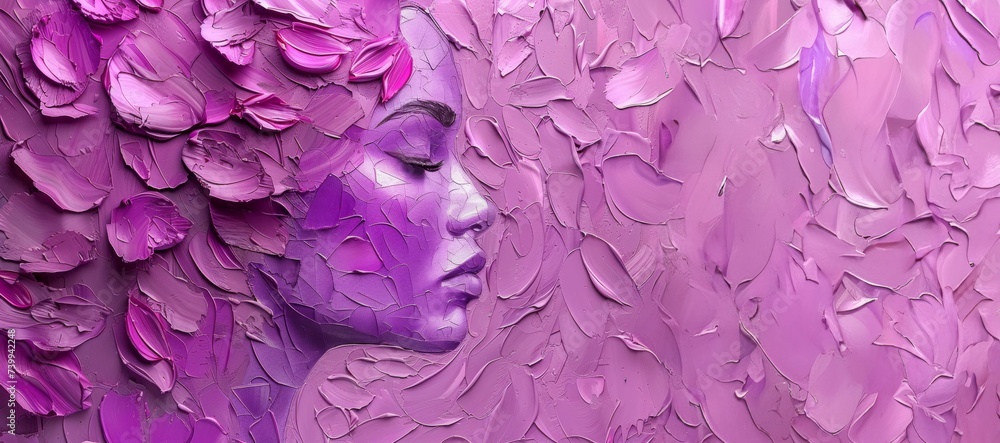 Artistic depiction of a womans face adorned with vibrant purple paint