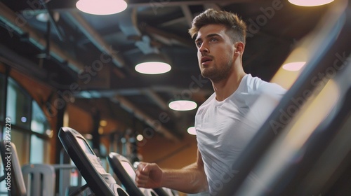 Handsome Man Working Out at Gym, Running on Treadmill and Doing Fitness Exercises. Health 