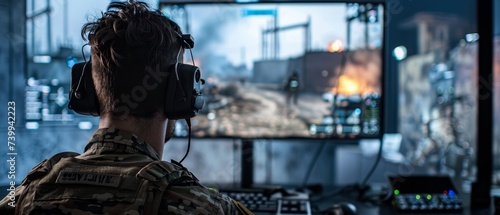 Special forces, destroyed, game simulators, a panoramic view inside a high-tech simulation room, where a team of special forces operatives is engaged in a virtual reality training session