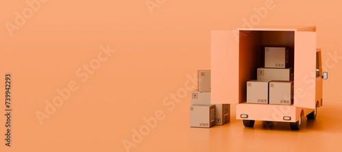 3D orange truck delivery back door opens with parcel box delivery icon. Online shopping, e-commerce concept. Minimal Cartoon icon design isolated on orange background. banner, copy space. 3D Rendering photo