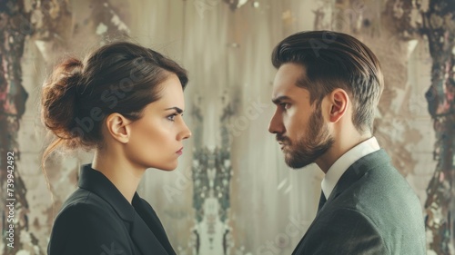 Corporate Stare Down - A man and woman in professional attire facing each other, depicting a standoff or competitive business environment