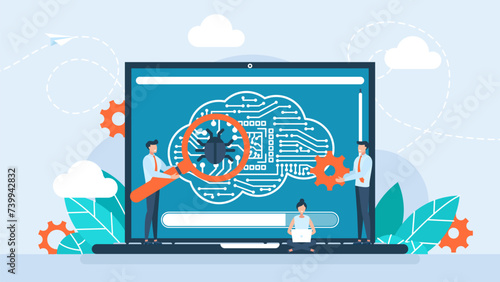 Testers in Quality assurance department. IT specialist testing software on laptop in search of bugs and virus. AI bug. Digital brain. Development, coding, problem identification. Vector illustration 