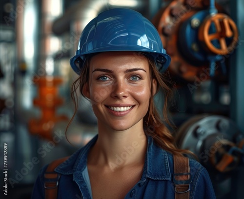 woman in hard hat smiling to the camera in the factory