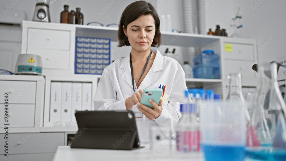 Young beautiful hispanic woman scientist using touchpad and smartphone at laboratory Young beautiful hispanic woman scientist using touchpad and smartphone at laboratory