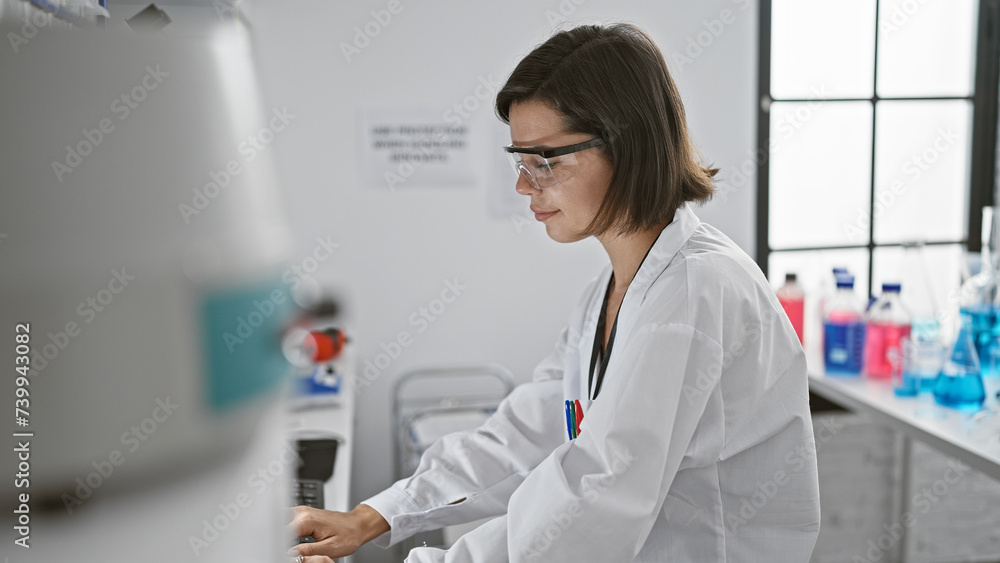 Enthralling sight of a focused young hispanic female scientist, beautifully engrossed in serious medical research on a computer, inside a bustling laboratory