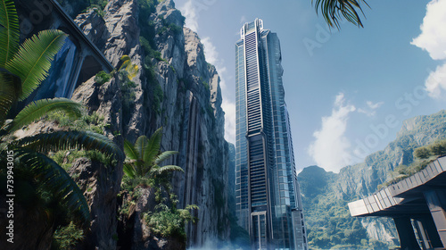 Landscape view of skyscraper next to tall mountains, environment contrast of progress and nature photo