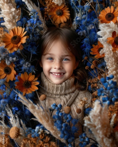 smiling girl about 7 years old with a big bouquet of blue winter flowers