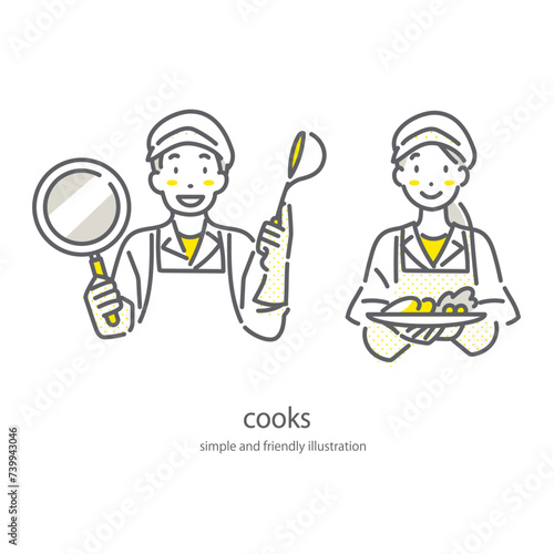 調理スタッフの女性と男性　シンプルでお洒落な線画イラスト