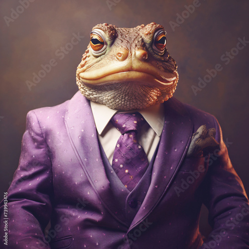  a purple toad in a suit.on a solid color background, vector art, digital art, faceted, minimal, abstract, panorama background. Generative AI.