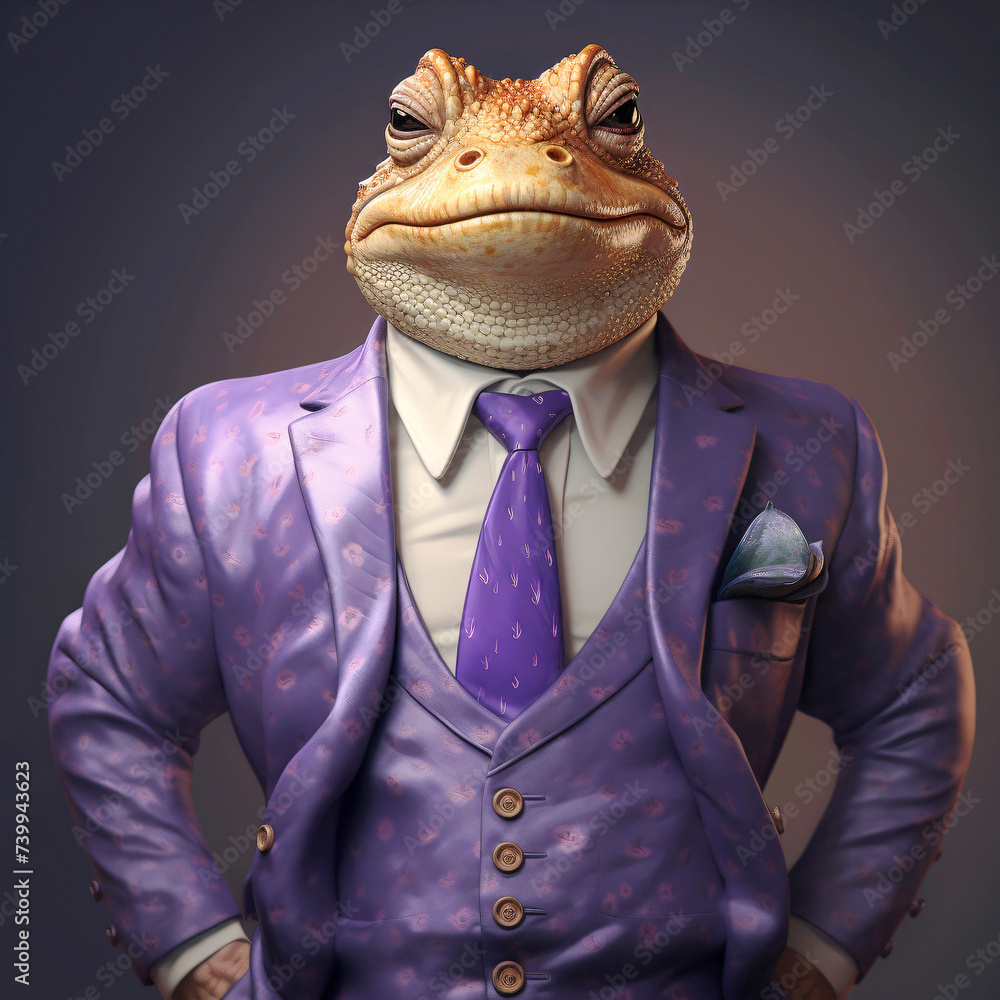 a purple toad in a suit.on a solid color background, vector art, digital art, faceted, minimal, abstract, panorama background. Generative AI. a purple toad in a suit.on a solid color background, vector art, digital art, faceted, minimal, abstract, panorama background. Generative AI.