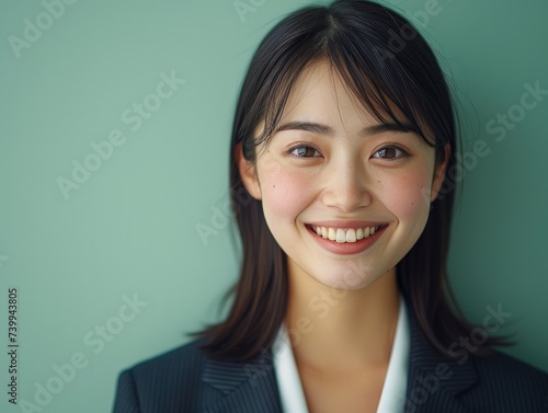 happy smiling or laughing Asian female office worker with black straight hair