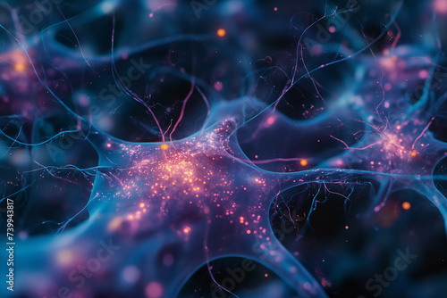 A close-up visual representation of neural activity within a network, highlighting synapses and neuron connections in a vibrant display of bioluminescent colors. photo