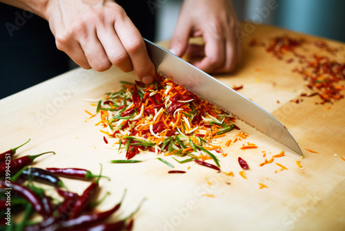fine chopping of chilies for spicy condiment photo