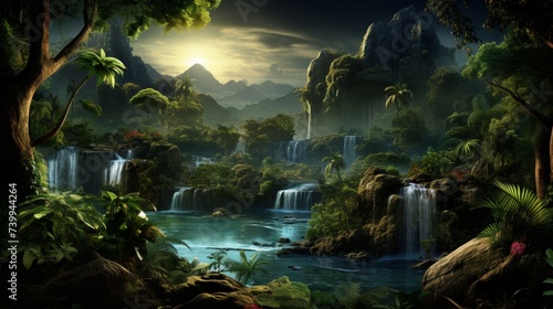 Majestic waterfall cascading through the heart of a lush tropical rainforest jungle landscape © Aliaksandra