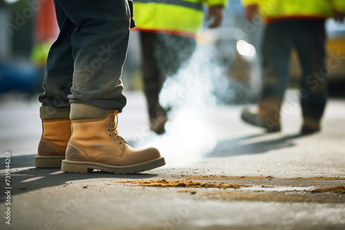 closeup of workers boots on freshly laid, steaming asphalt photo