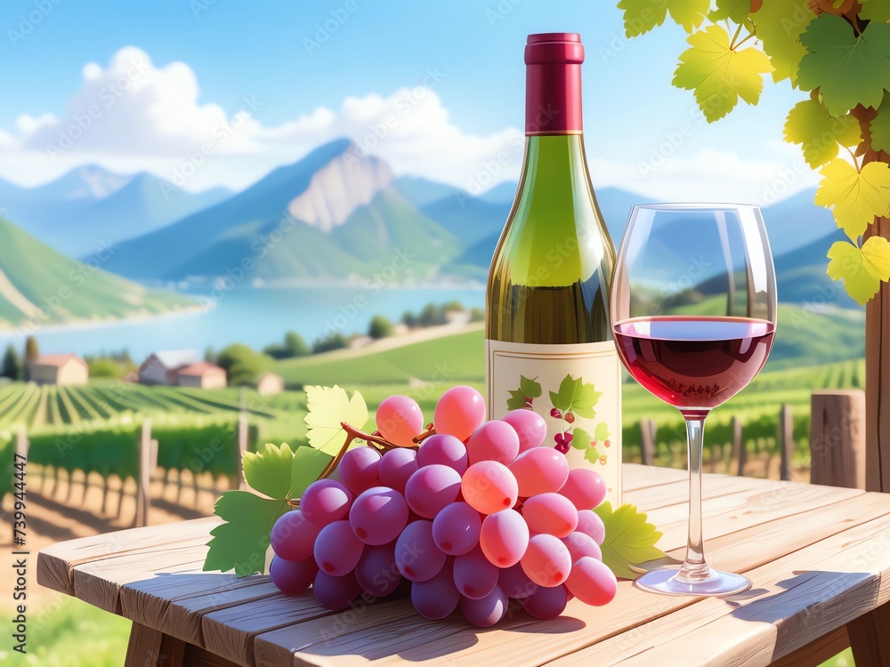 Bottle and glass of wine and grapes on the table against the backdrop of a beautiful landscape