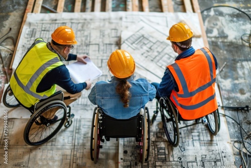 Three People in Hard Hats and Vests on Construction Site, support disabled professionals concept