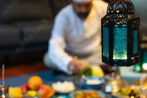 Ramadan Iftar Table. Muslim Family Having Dinner At Home. Iftar Table with Traditional Food. Fasting ends with Dates. Ramadan Feast Celebrations, Eid Mubarak Concept Uskudar Istanbul, Turkiye (Turkey)