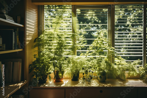 Window sill with green plants in pots in sunlight. Generated by artificial intelligence