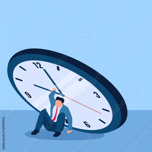 Man crushed by a large clock, a metaphor for time pressure. Simple flat conceptual illustration.