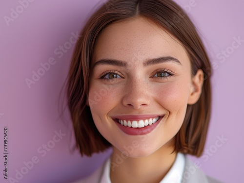 happy smiling or laughing American female office worker with very short hair on professional background © hakule
