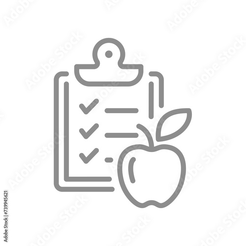 Diet plan and food diary line vector icon. Dieting clipboard with apple and checklist. Editable stroke.