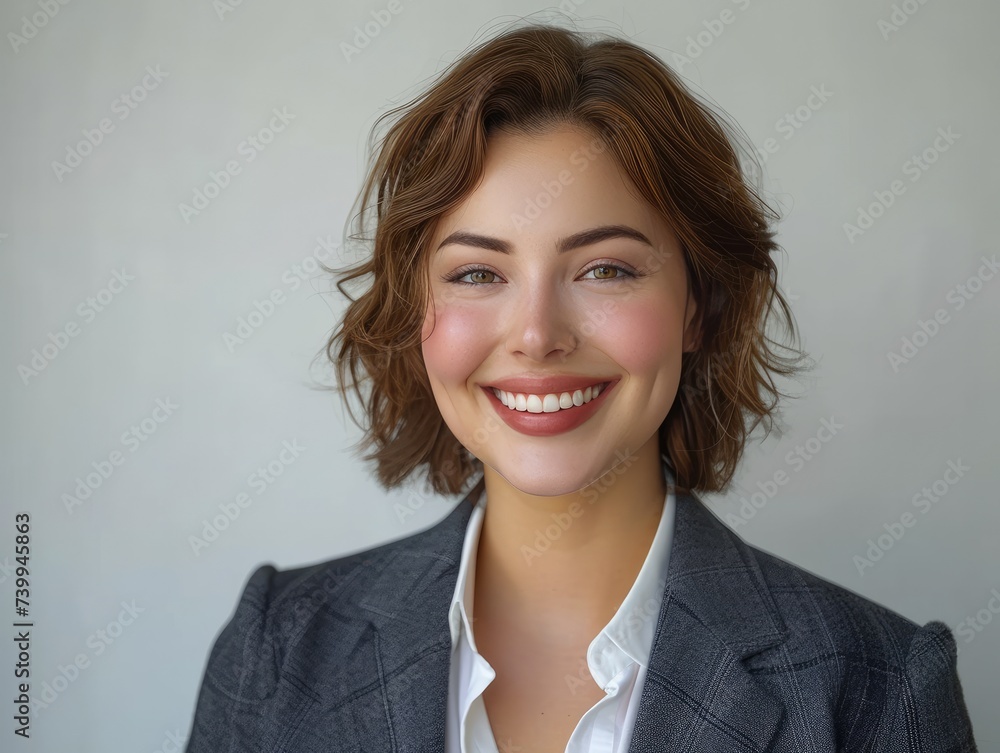happy smiling or laughing American female office worker with very short hair on professional background happy smiling or laughing American female office worker with very short hair on professional background