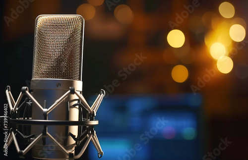Professional condenser microphone in recording studio,with bokeh lights background,closeup,music concept,with copy space for text. 