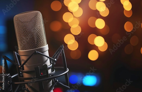 Audio recording studio microphone for voice-overs or singing on stage,blur bokeh background,closeup,music concept,with copy space for text. 