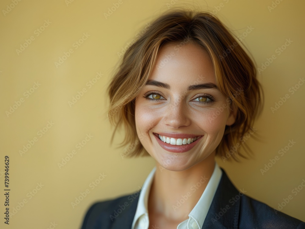 happy smiling or laughing American female office worker with very short hair on professional background happy smiling or laughing American female office worker with very short hair on professional background