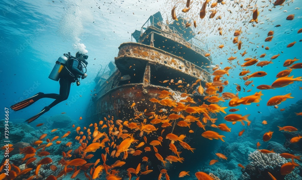 diver exploring a sunken ship surrounded by a school of tropical fish, vibrant coral in the background - obrazy, fototapety, plakaty 