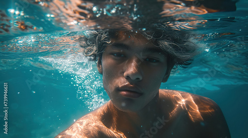 tractive young man underwater in swimming pool