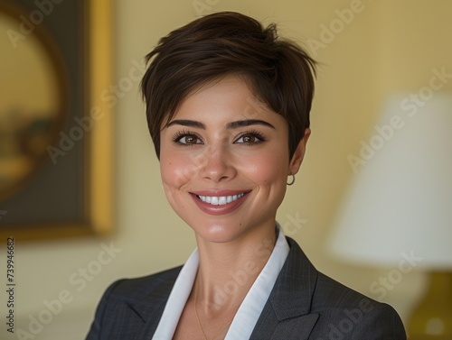 happy smiling or laughing American female office worker with very short hair on professional background