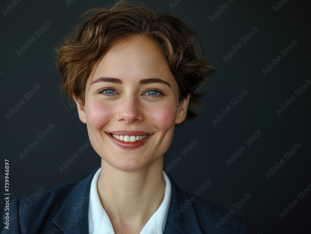happy smiling or laughing American female office worker with very short hair on professional background happy smiling or laughing American female office worker with very short hair on professional background