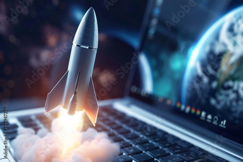 The synergy of rockets and laptops a testament to human ingenuity under the banner of blue technology