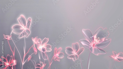 simple one line gentle tiny light pink glowing neon flowers on a light grey color background