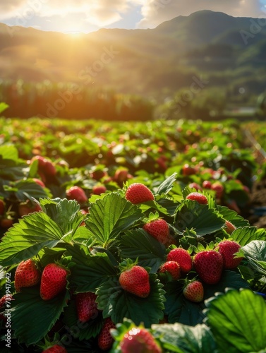 Sunlit scene overlooking the strawberry plantation with many strawberries, bright rich color, professional nature photo