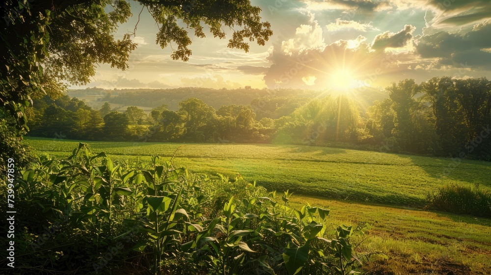 Obraz premium Sunlit scene overlooking the tobacco plantation, bright rich color, professional nature photo