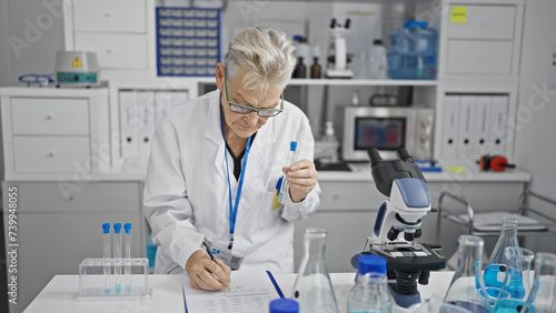 Senior grey-haired woman scientist holding test tube taking notes at laboratory