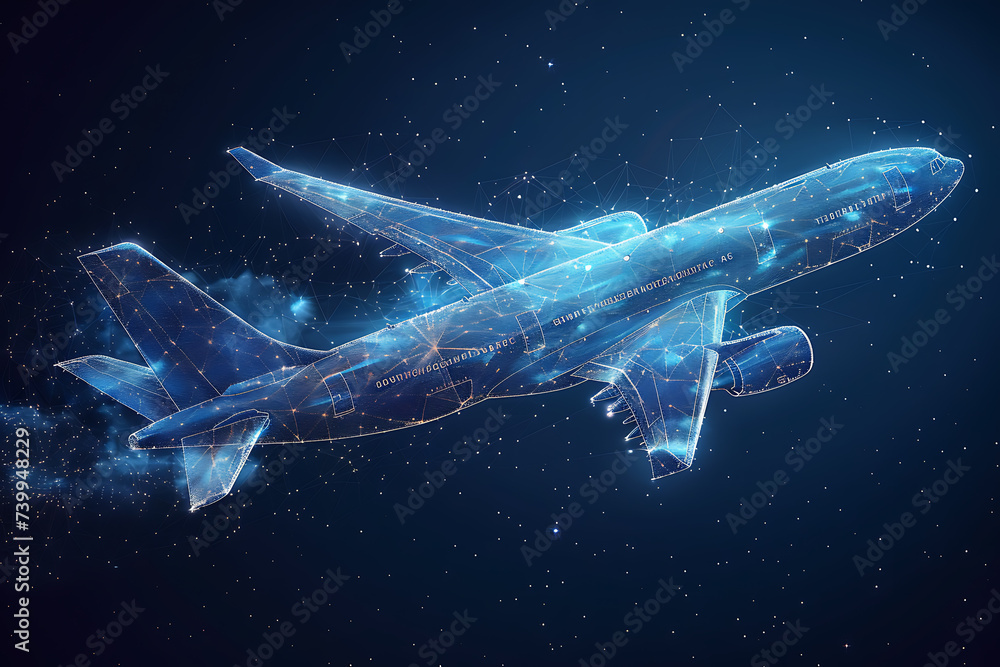 Polygonal commercial airliner. Flying passenger or cargo plane. Travel or air freight concept. wireframe.  Low poly air transport model. dark-Blue background. plexus, triangle, dot - obrazy, fototapety, plakaty 