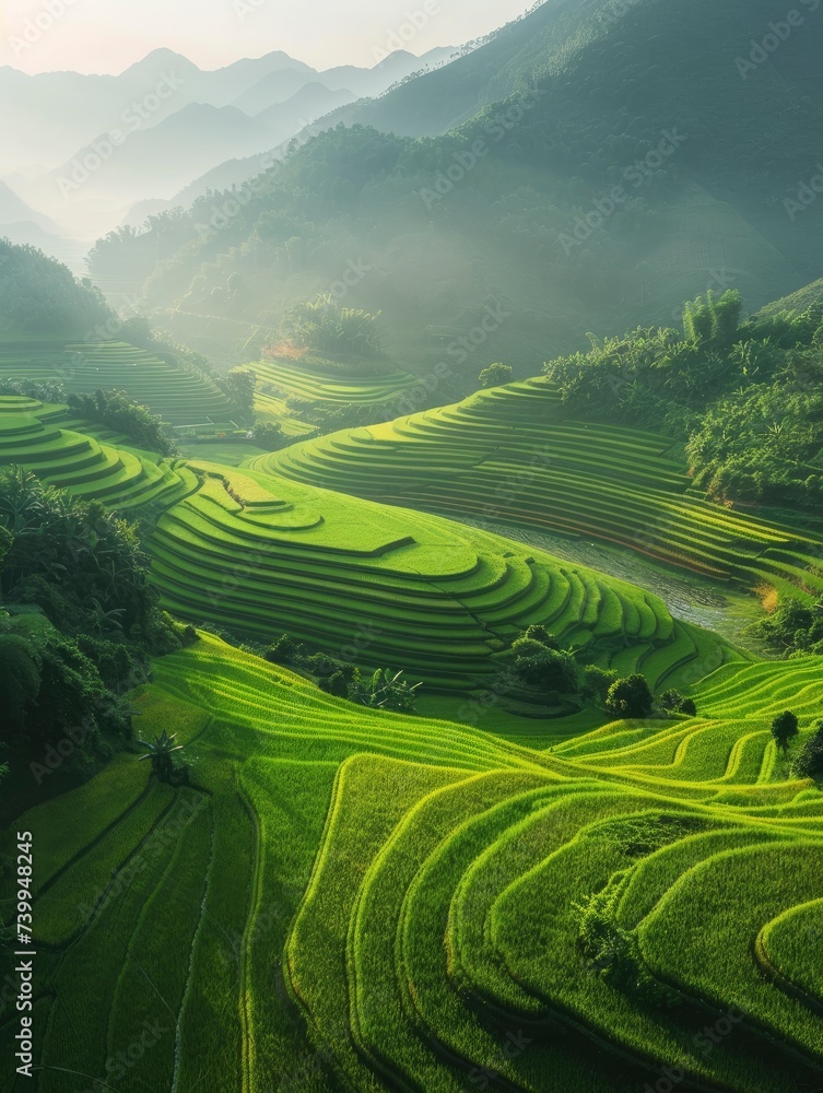 Sunlit scene overlooking Vietnam rice plantation, bright rich color, professional photo