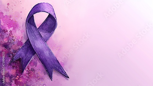 Purple ribbon on pink background, cancer awareness day. Ai generated image photo