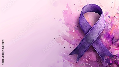 Purple ribbon on pink background, cancer awareness day. Ai generated image photo