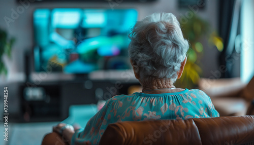 An elderly woman watching TV 