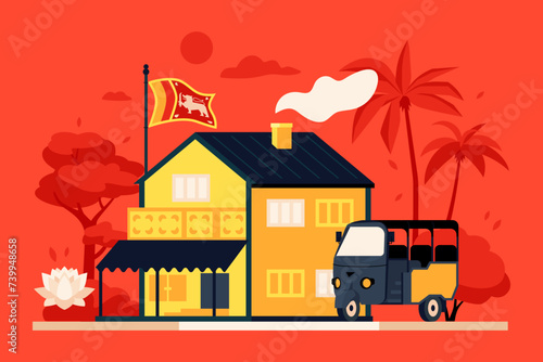 National features of Sri Lanka - modern colored vector illustration with sights of asia. Wooden house with national flag and vehicle - tuk-tuk taxi. Lotus, palm trees and nature in third world country